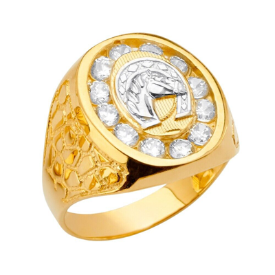 Pre-owned Tgdj 14k Yellow Gold Horse Men's Cubic Zirconia Ring In White