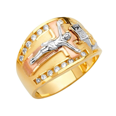 Pre-owned Tgdj 14k Tri Color Gold Jesus Men's Cubic Zirconia Ring In White