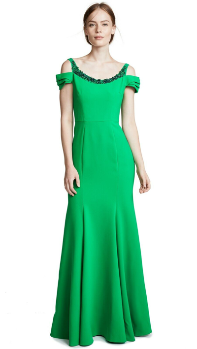Pre-owned Marchesa Notte $895  Cold Shoulder Embellished Green Gown Emerald Dress 0 4 6 In Green Emerald