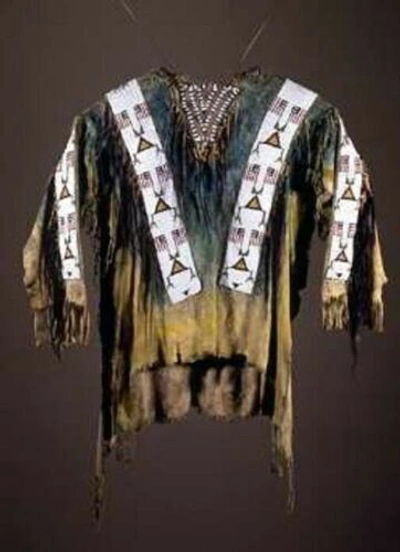 Pre-owned Style Old  Beaded Fringe Hand Color Buckskin Suede Leather Powwow War Shirt Pws60 In Green
