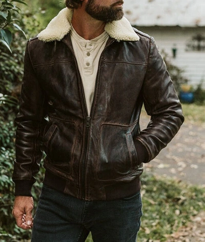 Pre-owned Leder Design 90s Vintage Style Classic Dark Brown Leather Solid Bomber Shearling Jacket Coats