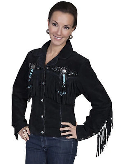 Pre-owned Scully Leather Womens Beaded Fringe Conchos Boar Suede Jacket Black