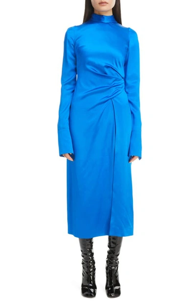 Dries Van Noten Dalba Long Sleeve Draped Silk Midi Dress In Blue 504