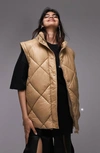 Topshop Wet Look Zip-off Sleeve Puffer Jacket In Beige