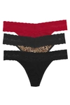 Natori Bliss Perfection Lace-trim Thong, Pack Of 3 750092mp In Strawberry/luxe Leopard/black