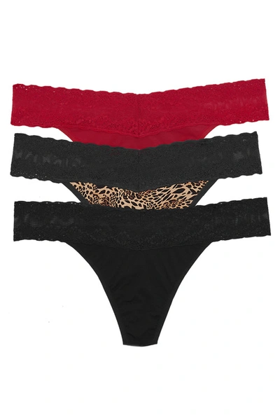 Natori Bliss Perfection Lace-trim Thong, Pack Of 3 750092mp In Strawberry/luxe Leopard/black