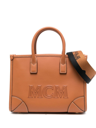 Mcm Logo Embossed Mini Tote Bag In Brown