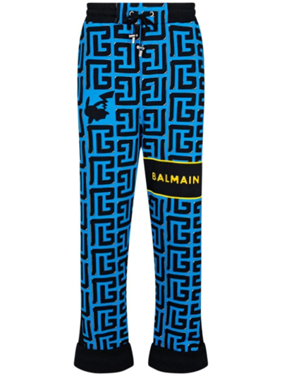 Balmain Monogram-print Cotton Track Pants In Noir Blue