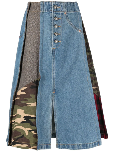 Andersson Bell Denim And Camoflage Combo Midi Skirt In Blue