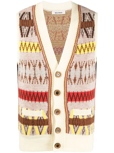 Wales Bonner Patterned Intarsia Knit Vest In Beige