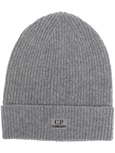 C.p. Company Logo-embroidered Ribbed-knit Beanie In Grey