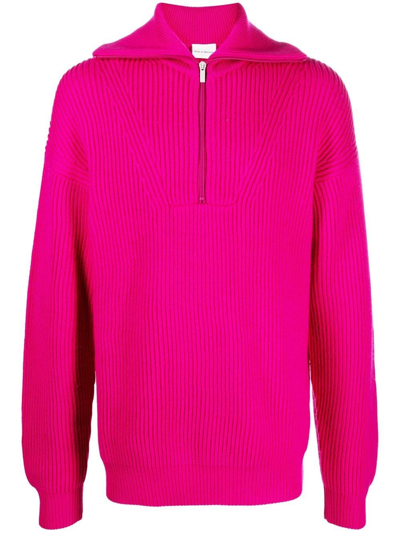 Drôle De Monsieur Ribbed Short-zip Merino Jumper In Fuchsia