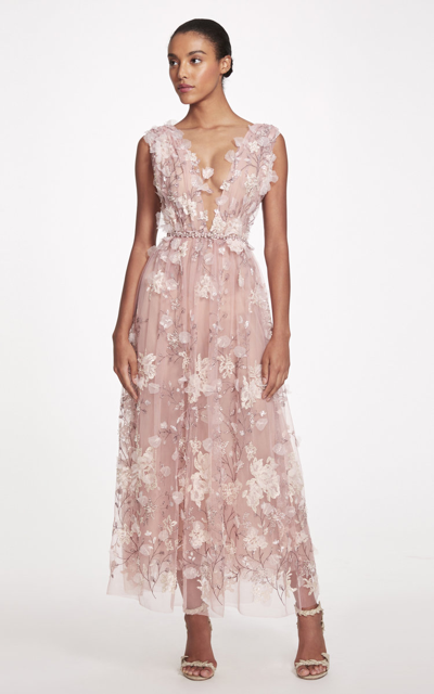Marchesa Floral-embroidered Tea Length Dress In Pink