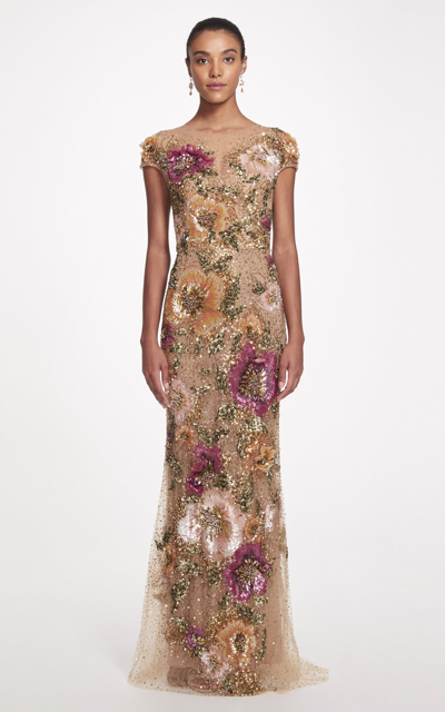 Marchesa Embroidered Illusion Tulle Gown In Print