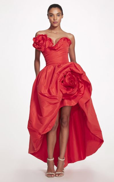 Marchesa Asymmetric High-low Faille Gown With Sculptural Rose Details In Red