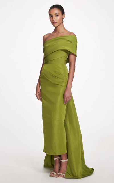 MARCHESA ONE-SHOULDER TAFFETA TEA-LENGTH DRESS 