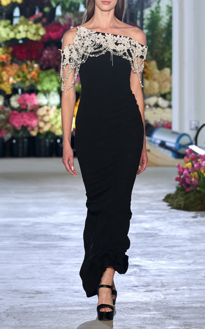 Pamella Roland Embroidered Crepe Gown In Black | ModeSens