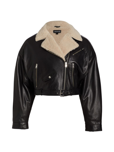Lamarque Dylan Leather Biker Jacket In Black Ecru