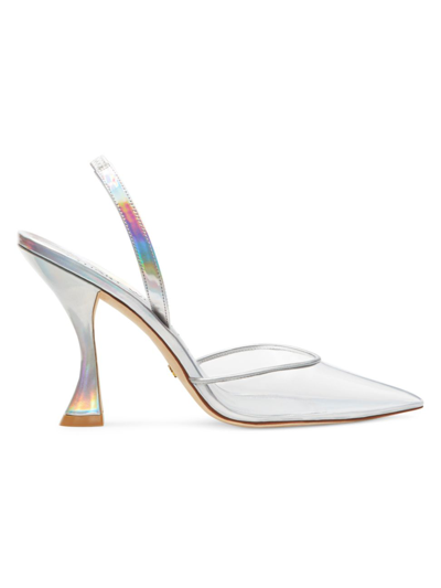 Stuart Weitzman Xcurve Iridescent Halter Slingback Pumps In Silver Crystal