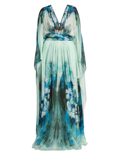 Alberta Ferretti Floral Silk V-neck Gown In Light Blue