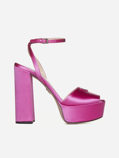 Prada Logo Satin Platform Ankle-strap Sandals In Pink