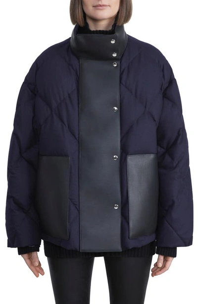 Lafayette 148 Reversible Down Jacket With Leather Trim In Marine Blue