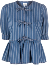 Ganni Striped Denim Puplum Blouse In Blue