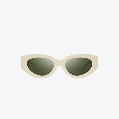 Tory Burch Kira Chevron Cat-eye Sunglasses In Solid Ivory/solid Dark Green