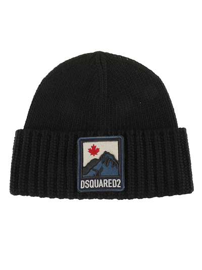 Dsquared2 Mountain Logo Patch Knit Beanie Hat In Black