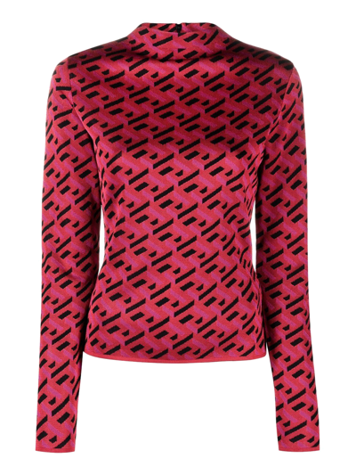 Versace La Greca Monogram Silk Button-up Blouse In Red