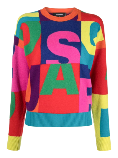 Dsquared2 Logo Color Block Wool Knit Sweater In Multicolor