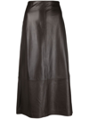 Vince Dark Brown Leather Midi Skirt In Chocolate