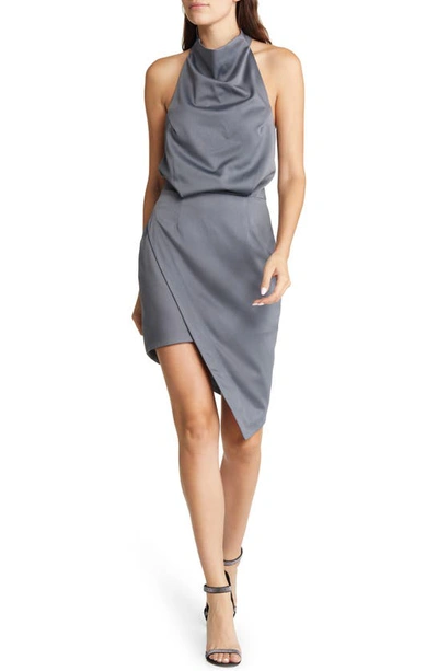 Elliatt Camo Asymmetric Satin Cocktail Dress In Charcoal