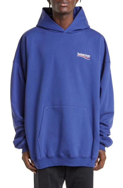Balenciaga ' Campaign Embroidered Logo Oversize Cotton Hoodie In Blue