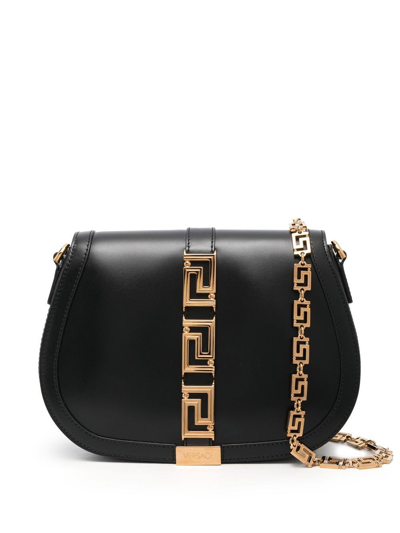 Versace Greca Plexiglas Large Leather Shoulder Bag In Nero