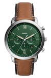 Fossil Men's Neutra Chronograph Brown Leather Strap Watch, 44mm In Silver/ Brown