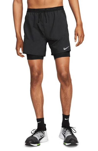 Nike Men's Stride Dri-fit 5" Hybrid Running Shorts In Black/black/reflective Silver