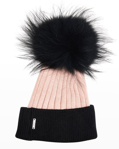Gorski Two-tone Knit Beanie W/ Fox Pompom In Black / Pink