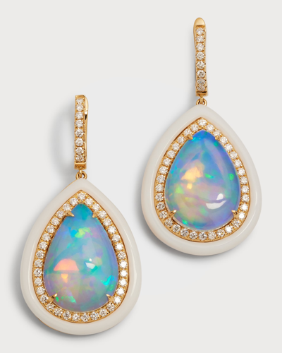 David Kord 18k Yellow Gold Earrings With Pear-shape Opal, Diamonds And White Frame, 12.01tcw