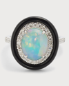 DAVID KORD 18K WHITE GOLD RING WITH OPAL OVAL, DIAMONDS AND BLACK FRAME, 2.16TCW