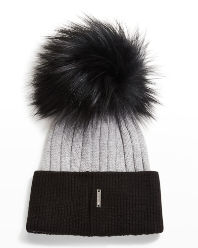 Gorski Two-tone Knit Beanie W/ Fox Pompom In Black/gray