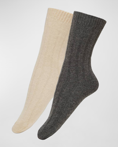 Neiman Marcus Cashmere Socks 2-pack In Charcoal/cream