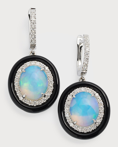 David Kord 18k White Gold Earrings With Opal Ovals, Diamonds And Black Frame, 3.55tcw