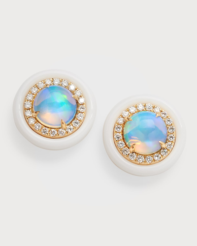 David Kord 18k Yellow Gold Stud Earrings With Opal Rounds, Diamonds And White Frame, 2.31tcw