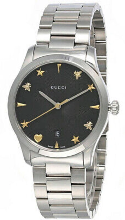 Pre-owned Gucci G-timeless 38mm Ss Black Guillochí Dial Unisex Watch Ya1264029a