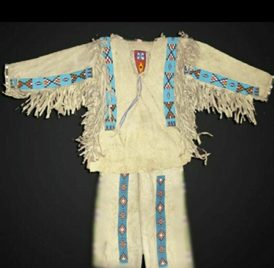 Pre-owned Native American03 Old 1800 Style Beaded Fringe Beige Buckskin Hide War Shirt & Leggings Nsp401