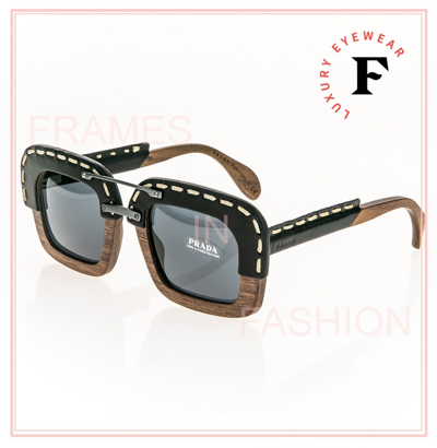 Pre-owned Prada 26r Raw Nut Canaletto Black Leather Wood Sunglasses Square Pr26rs Unisex In Gray