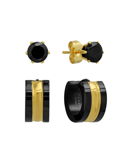 Anthony Jacobs Men's Set Of 2 Two Tone Stud & Huggie Earrings In Black