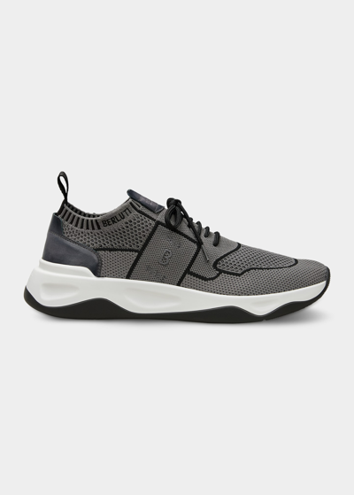Berluti Shadow Leather-trimmed Stretch-knit Sneakers In Grey