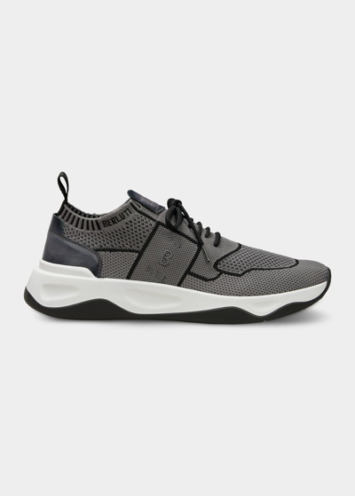 Berluti Shadow Leather-trimmed Stretch-knit Trainers In Grey